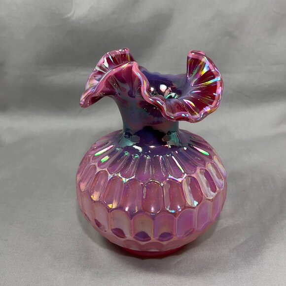 Vtg Frank Fenton Art Glass Plum Pink Carnival Iridescent Thumbprint Vase Signed - Picture 8 of 15